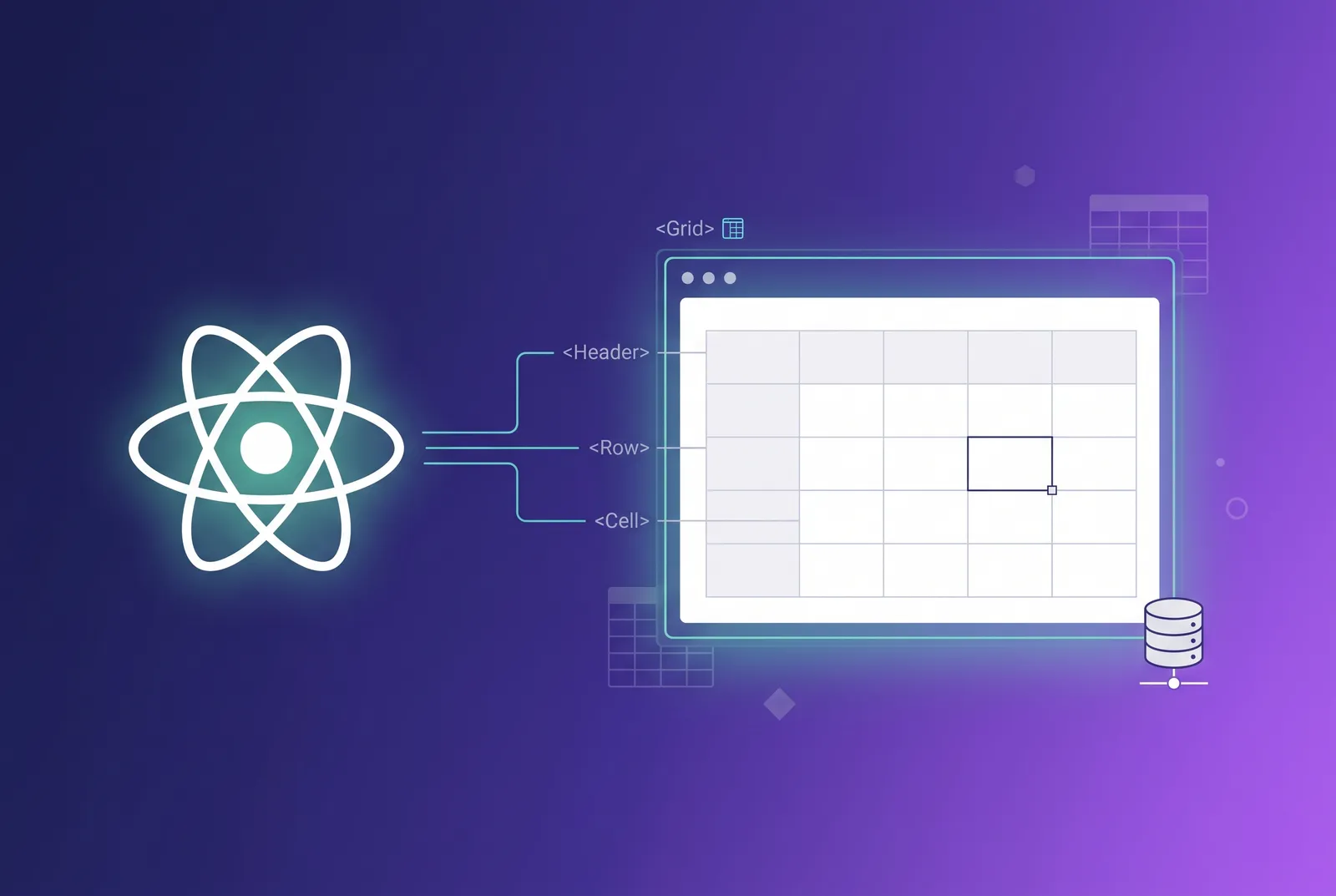 An Excel-like data grid in a browser window with the React logo orbiting it