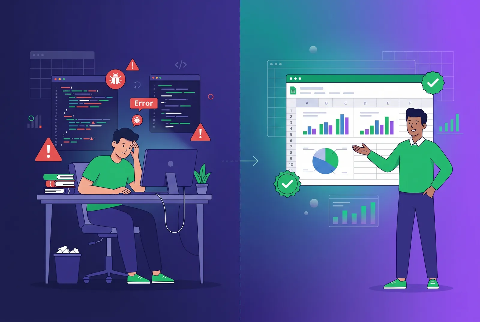 Split illustration: building a spreadsheet in-house versus buying an embeddable one